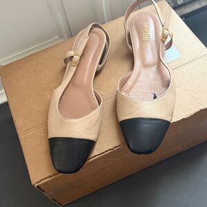 Beige and Black Cap-Toe Slingback Flats
